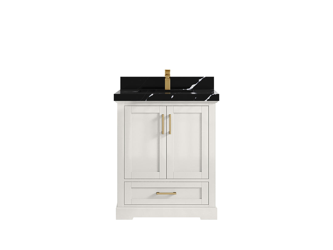 Boston 30 in. W x 22 in. D Single Sink Bathroom Vanity in Alabaster with 2 in Calacatta Black Countertop