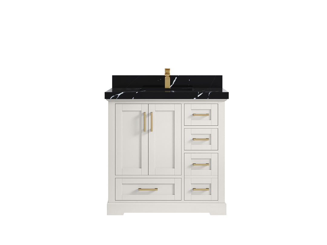 Boston 36 in. W x 22 in. D Single Sink Bathroom Vanity in Alabaster with 2 in Calacatta Black Countertop