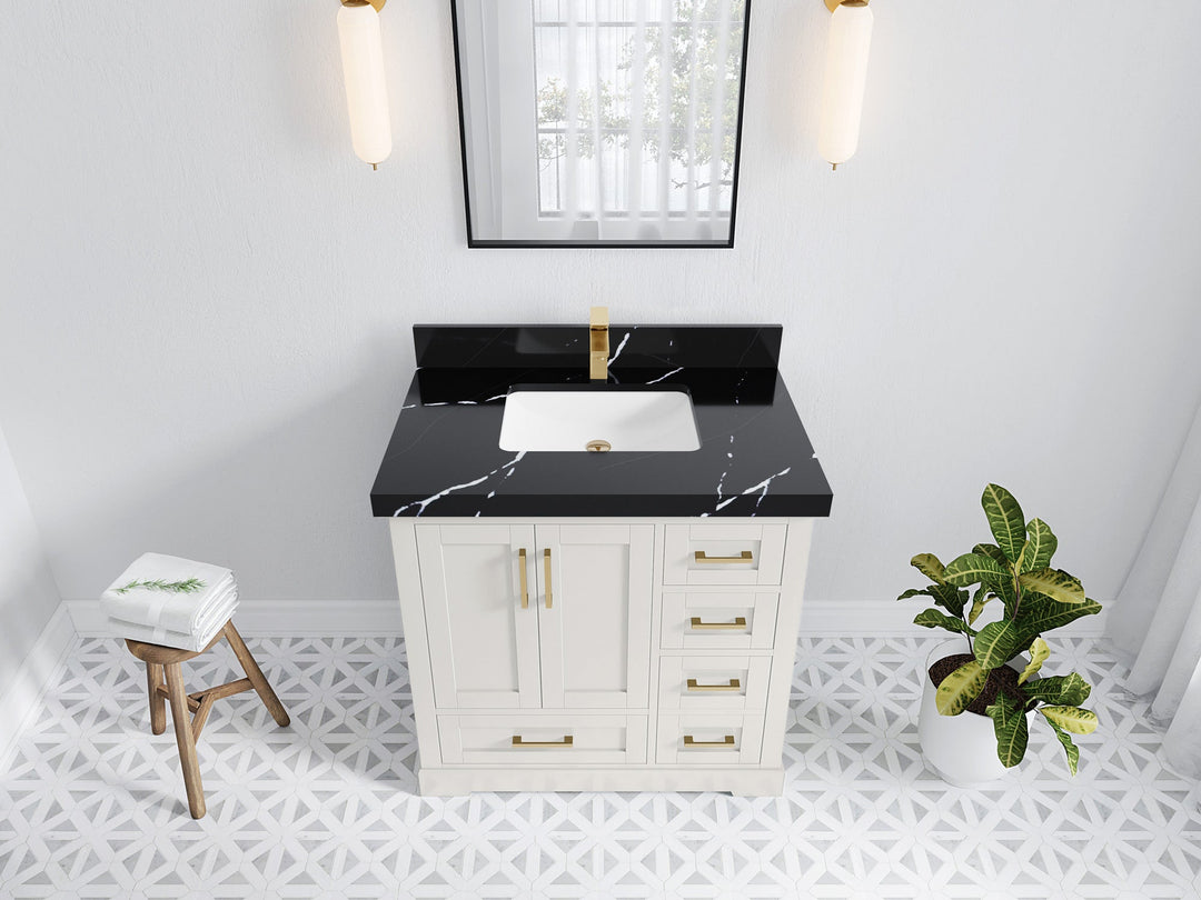 Boston 36 in. W x 22 in. D Single Sink Bathroom Vanity in Alabaster with 2 in Calacatta Black Quartz Countertop - Top View