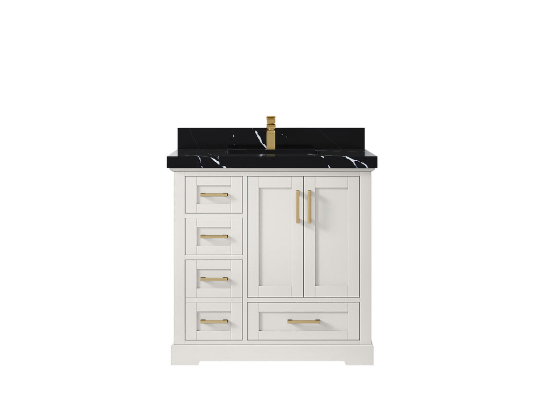 Boston 36 in. W x 22 in. D Single Sink Bathroom Vanity in Alabaster with 2 in Calacatta Black Countertop