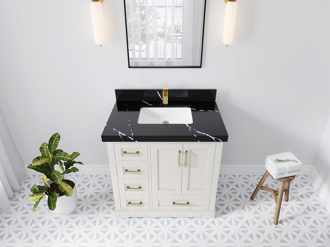 Boston 36 in. W x 22 in. D Single Sink Bathroom Vanity in Alabaster with 2 in Calacatta Black Quartz Countertop - Top View