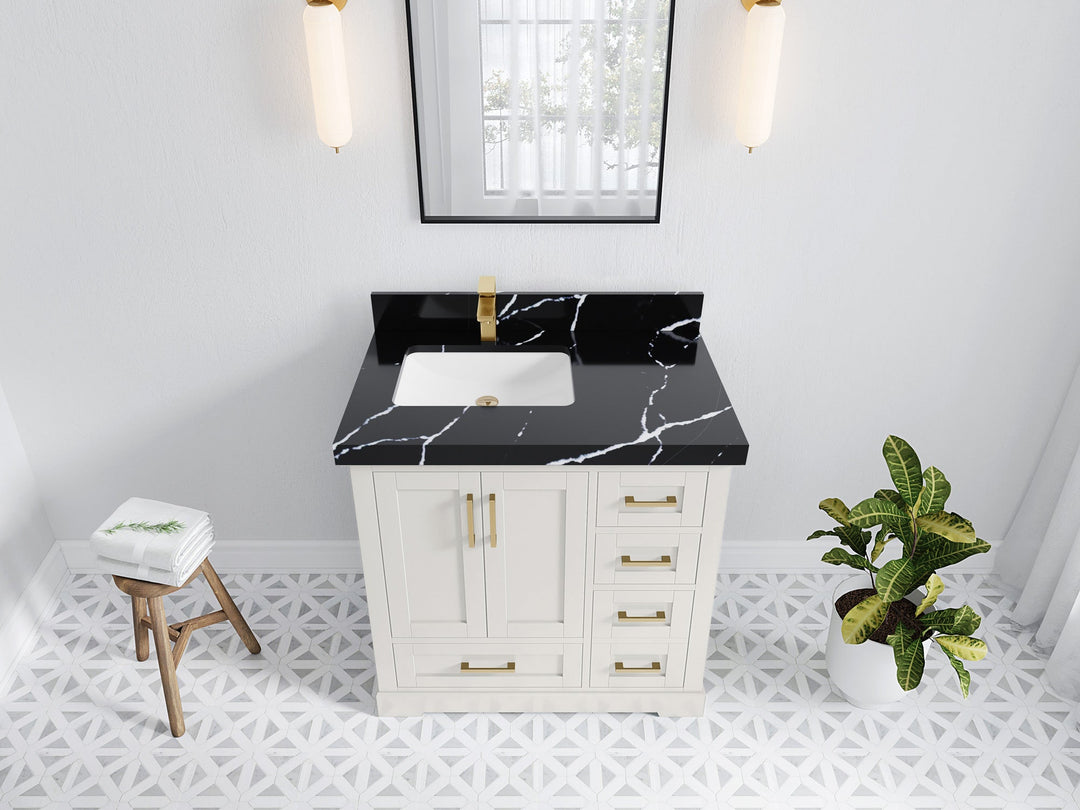 Boston 36 in. W x 22 in. D Single Sink Bathroom Vanity in Alabaster with 2 in Calacatta Black Quartz Countertop - Top View