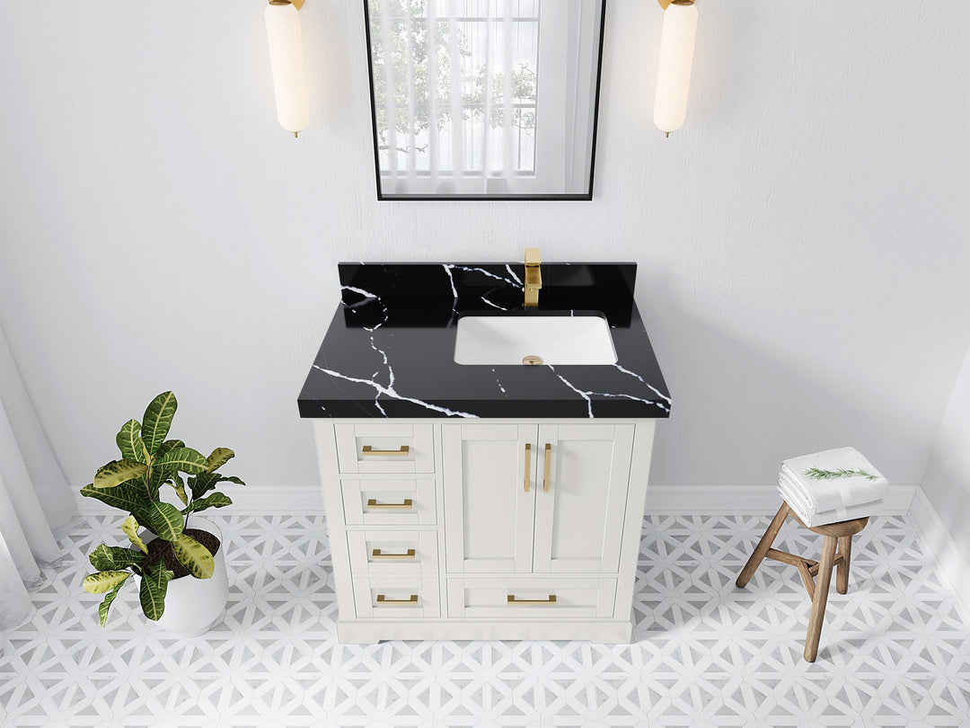 Boston 36 in. W x 22 in. D Single Sink Bathroom Vanity in Alabaster with 2 in Calacatta Black Quartz Countertop - Top View