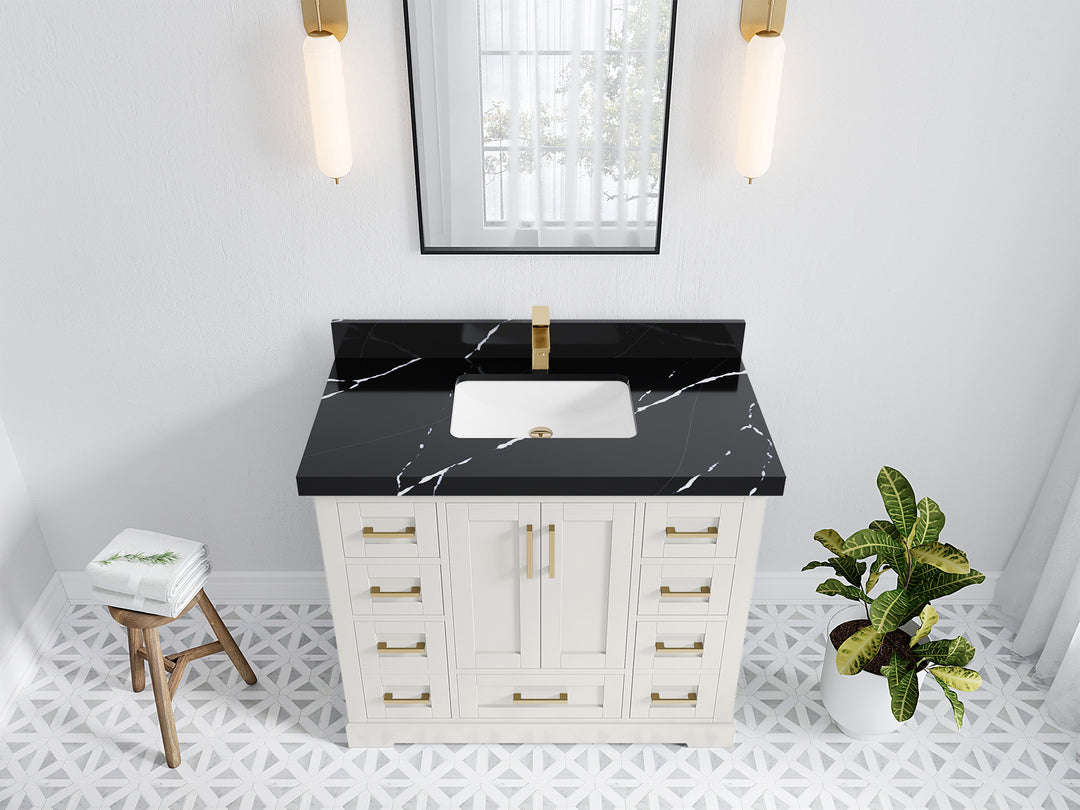 Boston 42 in. W x 22 in. D Single Sink Bathroom Vanity in Alabaster with 2 in Calacatta Black Quartz Countertop - Top View