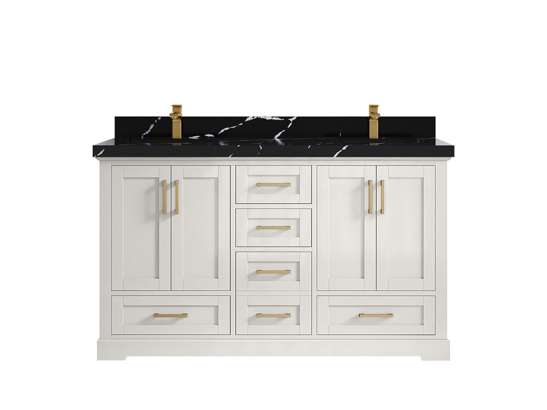 Boston 60 in. W x 22 in. D Double Sink Bathroom Vanity in Alabaster with 2 in Calacatta Black Countertop