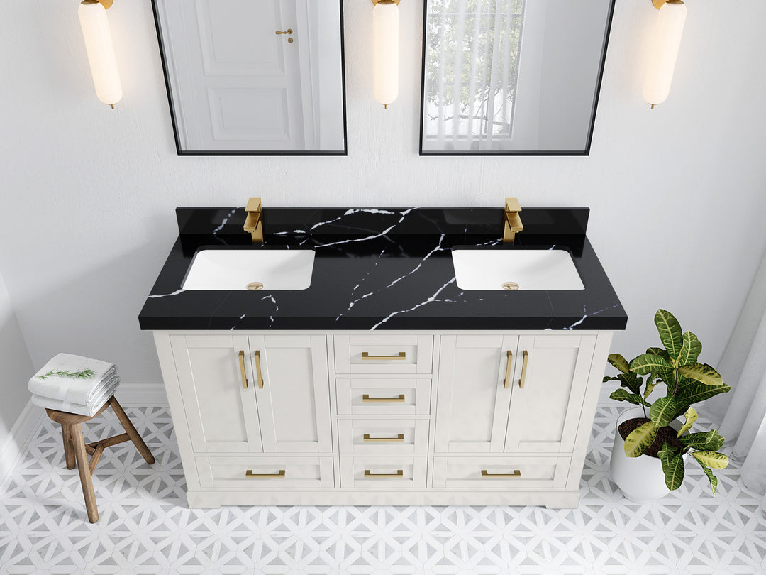 Boston 60 in. W x 22 in. D Double Sink Bathroom Vanity in Alabaster with 2 in Calacatta Black Quartz Countertop - Top View