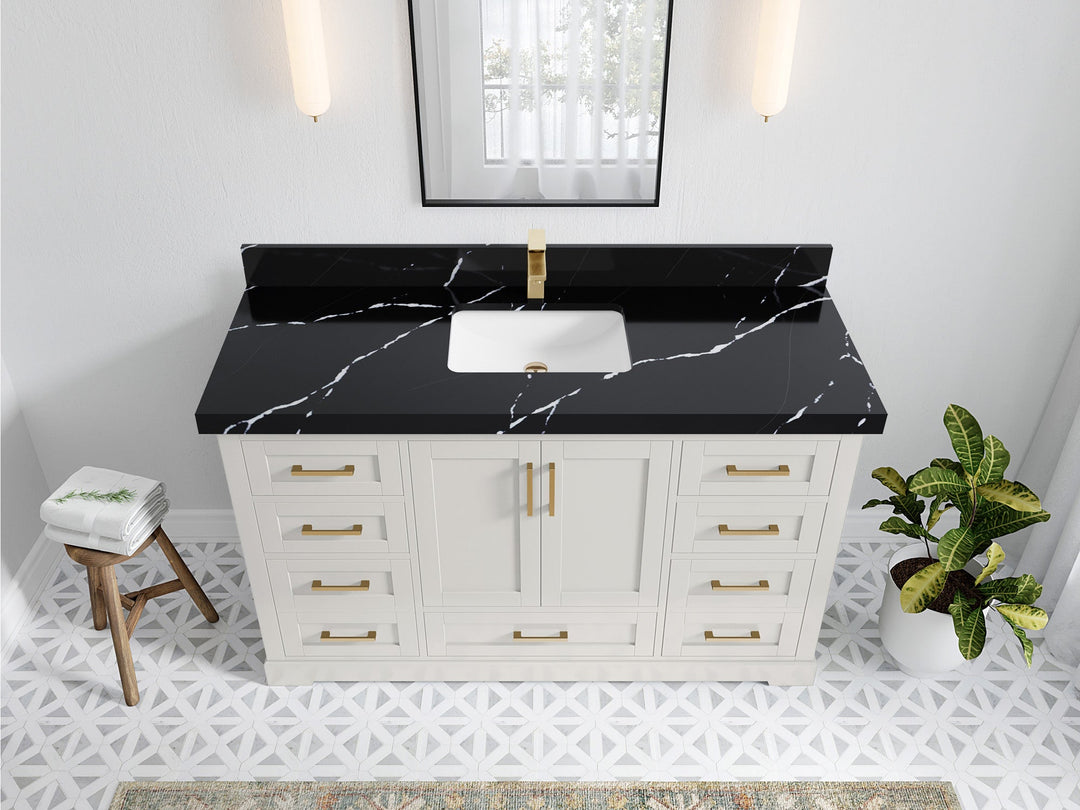 Boston 60 in. W x 22 in. D Single Sink Bathroom Vanity in Alabaster with 2 in Calacatta Black Quartz Countertop - Top View