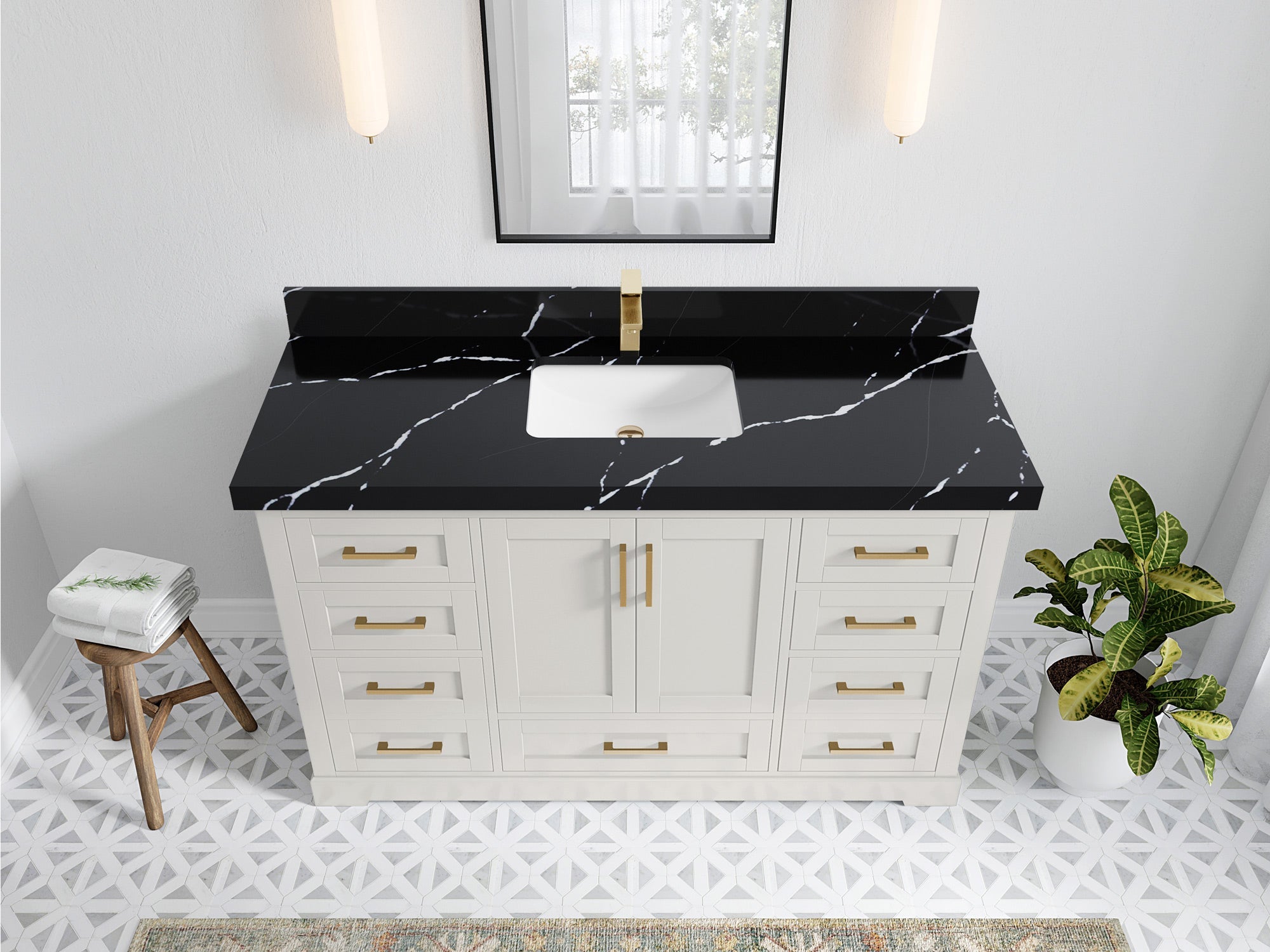 Boston 60 in. W x 22 in. D Single Sink Bathroom Vanity in Alabaster with 2 in Calacatta Black Quartz Countertop - Top View