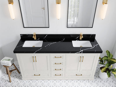 Boston 72 in. W x 22 in. D Double Sink Bathroom Vanity in Alabaster with 2 in Calacatta Black Quartz Countertop - Top View