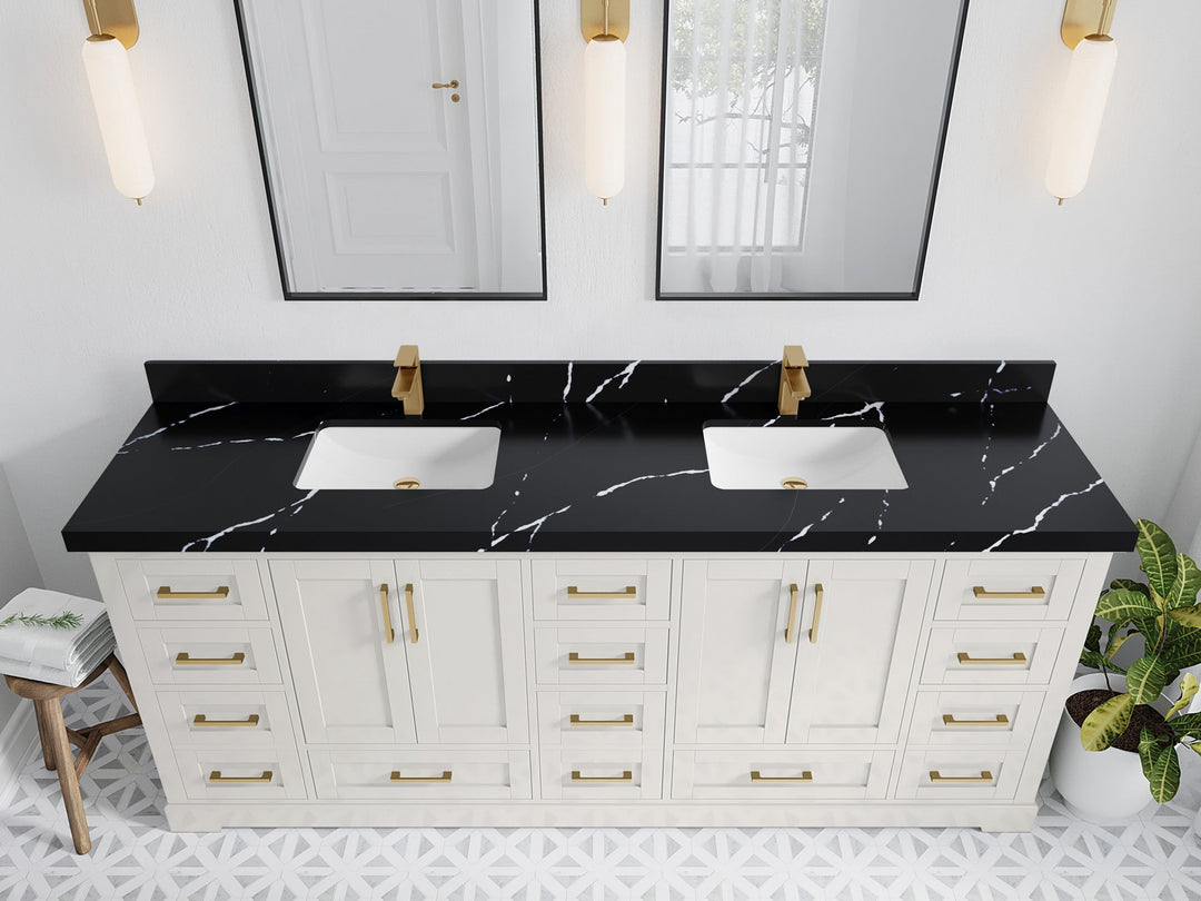 Boston 84 in. W x 22 in. D Double Sink Bathroom Vanity in Alabaster with 2 in Calacatta Black Quartz Countertop - Top View