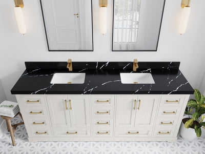 Boston 84 in. W x 22 in. D Double Sink Bathroom Vanity in Alabaster with 2 in Calacatta Black Quartz Countertop - Top View