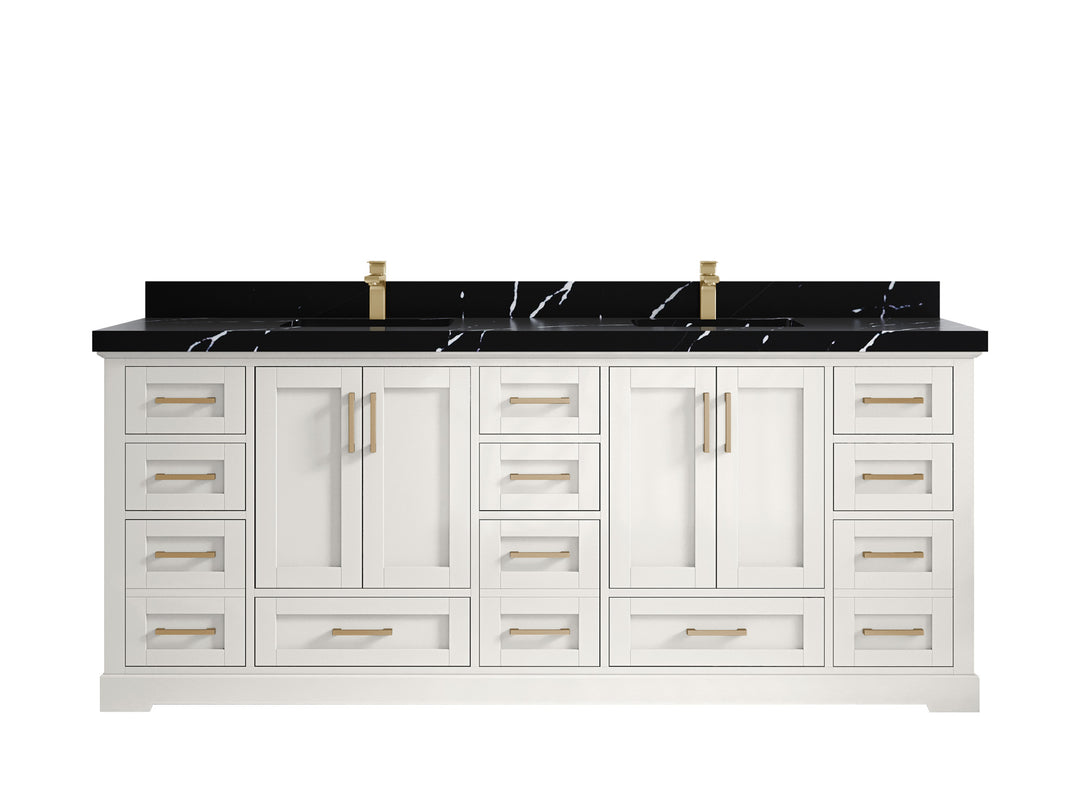 Boston 84 in. W x 22 in. D Double Sink Bathroom Vanity in Alabaster with 2 in Calacatta Black Countertop