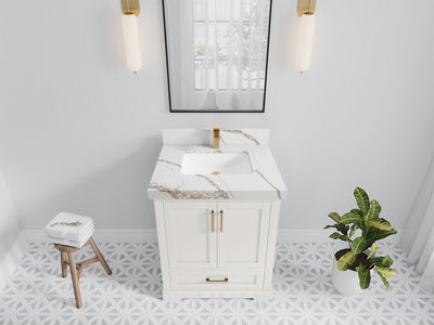 Boston 30 in. W x 22 in. D Single Sink Bathroom Vanity in Alabaster with 2 in Calacatta Gold Quartz Countertop - Top View