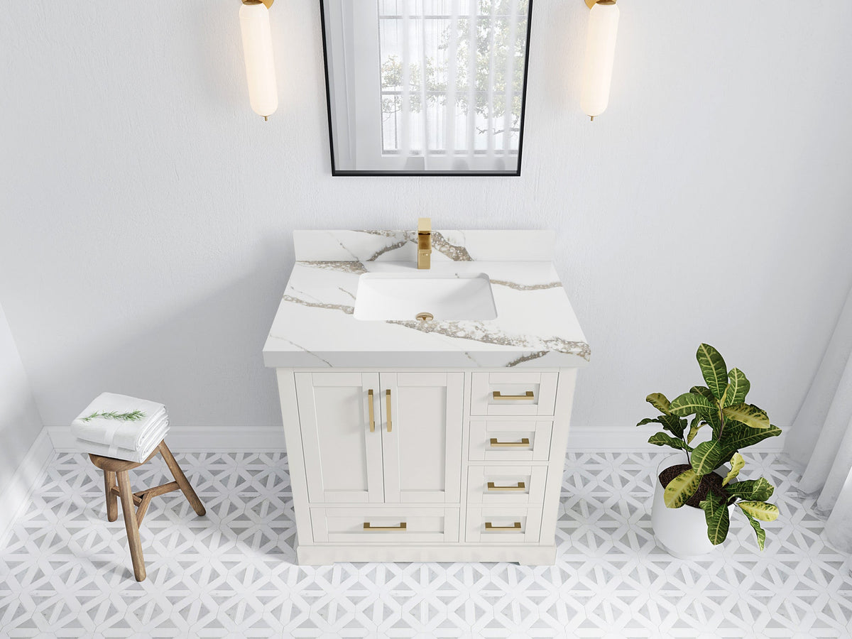 Boston 36 in. W x 22 in. D Single Sink Bathroom Vanity in Alabaster with 2 in Calacatta Gold Quartz Countertop - Top View