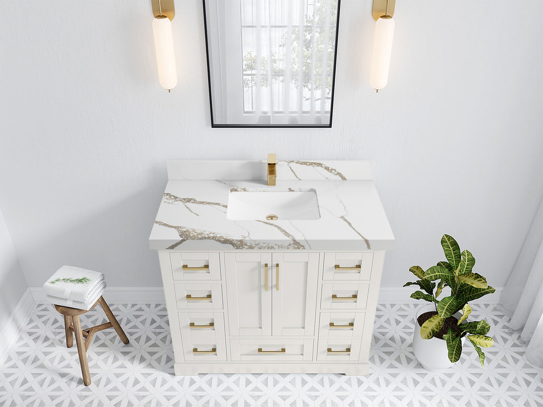 Boston 42 in. W x 22 in. D Single Sink Bathroom Vanity in Alabaster with 2 in Calacatta Gold Quartz Countertop - Top View