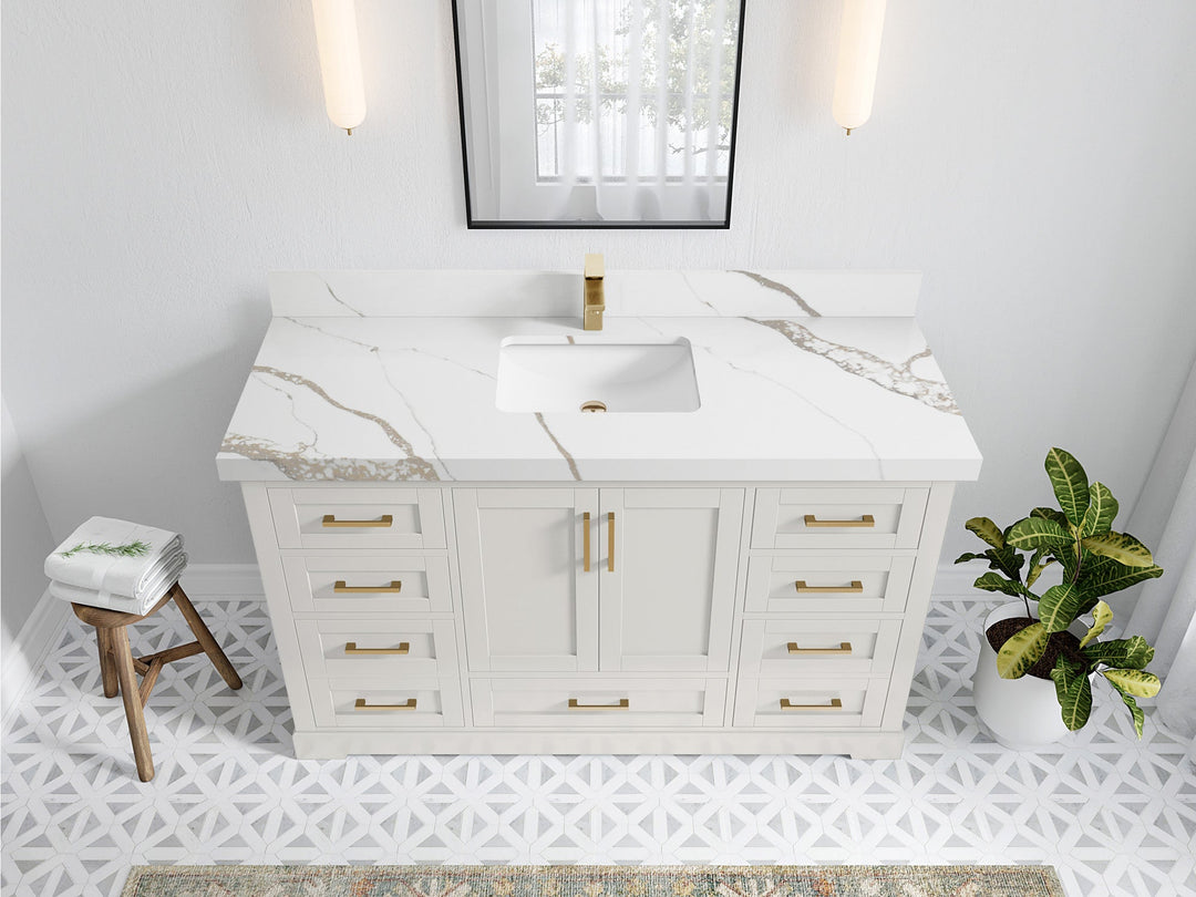 Boston 60 in. W x 22 in. D Single Sink Bathroom Vanity in Alabaster with 2 in Calacatta Gold Quartz Countertop - Top View