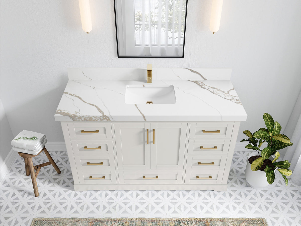 Boston 60 in. W x 22 in. D Single Sink Bathroom Vanity in Alabaster with 2 in Calacatta Gold Quartz Countertop - Top View