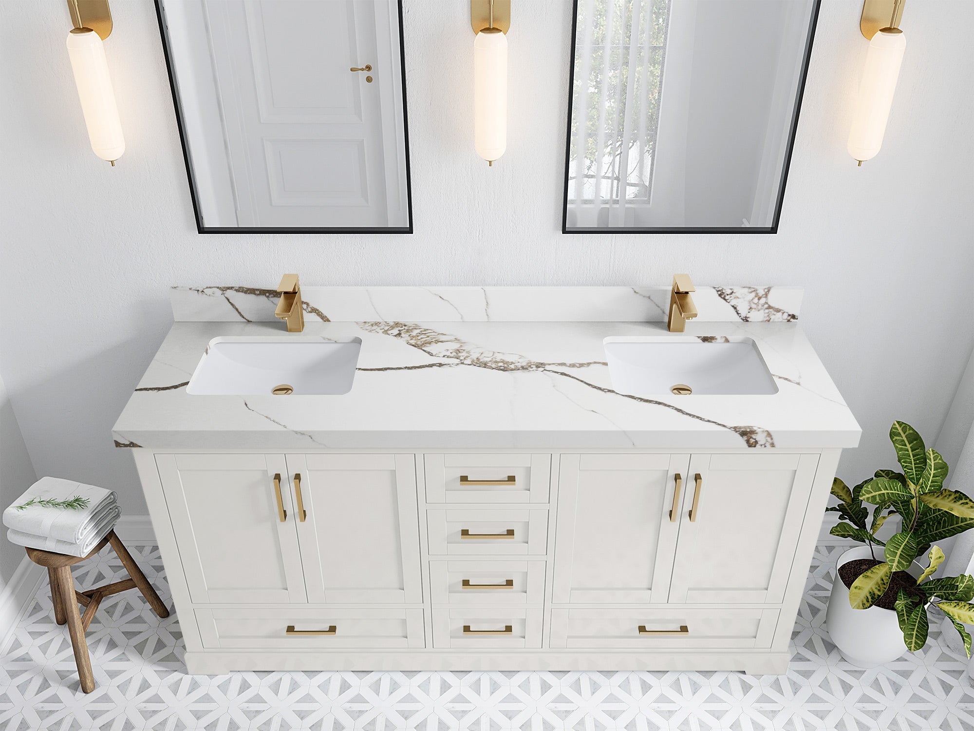 Boston 72 in. W x 22 in. D Double Sink Bathroom Vanity in Alabaster with 2 in Calacatta Gold Quartz Countertop - Top View