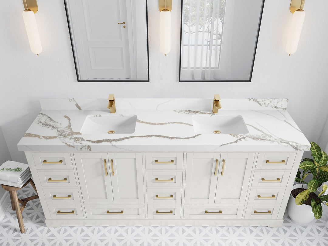 Boston 84 in. W x 22 in. D Double Sink Bathroom Vanity in Alabaster with 2 in Calacatta Gold Quartz Countertop - Top View