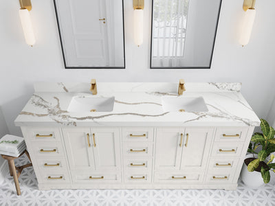 Boston 84 in. W x 22 in. D Double Sink Bathroom Vanity in Alabaster with 2 in Calacatta Gold Quartz Countertop - Top View