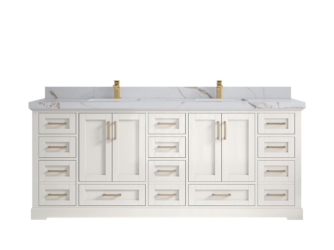 Boston 84 in. W x 22 in. D Double Sink Bathroom Vanity in Alabaster with 2 in Calacatta Gold Countertop