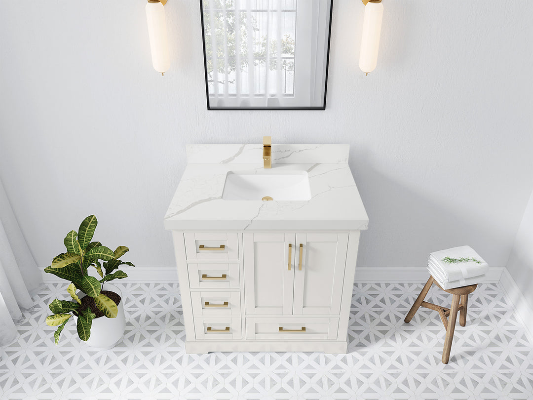 Boston 36 in. W x 22 in. D Single Sink Bathroom Vanity in Alabaster with 2 in Calacatta Laza Quartz Countertop - Top View