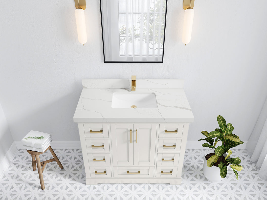 Boston 42 in. W x 22 in. D Single Sink Bathroom Vanity in Alabaster with 2 in Calacatta Laza Quartz Countertop - Top View