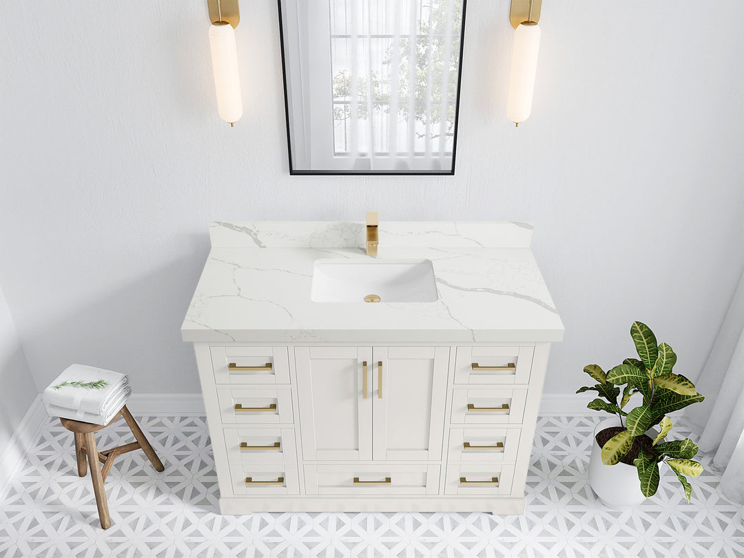Boston 48 in. W x 22 in. D Single Sink Bathroom Vanity in Alabaster with 2 in Calacatta Laza Quartz Countertop - Top View