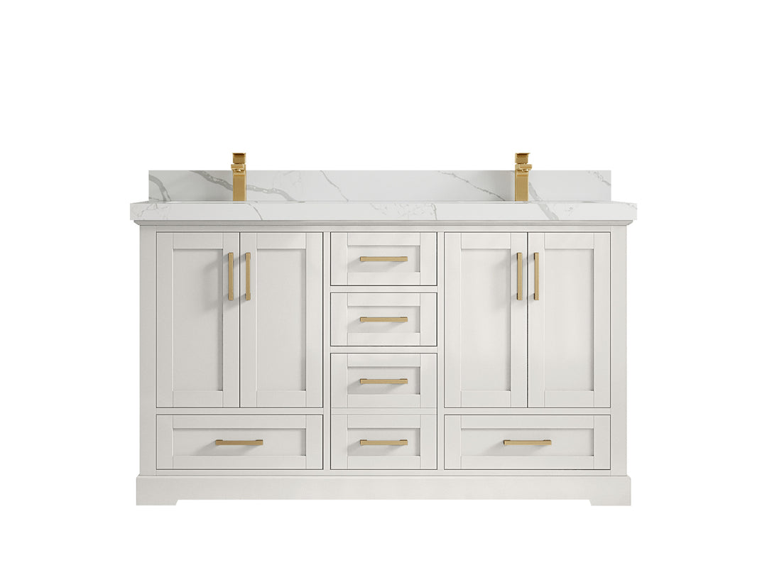 Boston 60 in. W x 22 in. D Double Sink Bathroom Vanity in Alabaster with 2 in Calacatta Laza Countertop