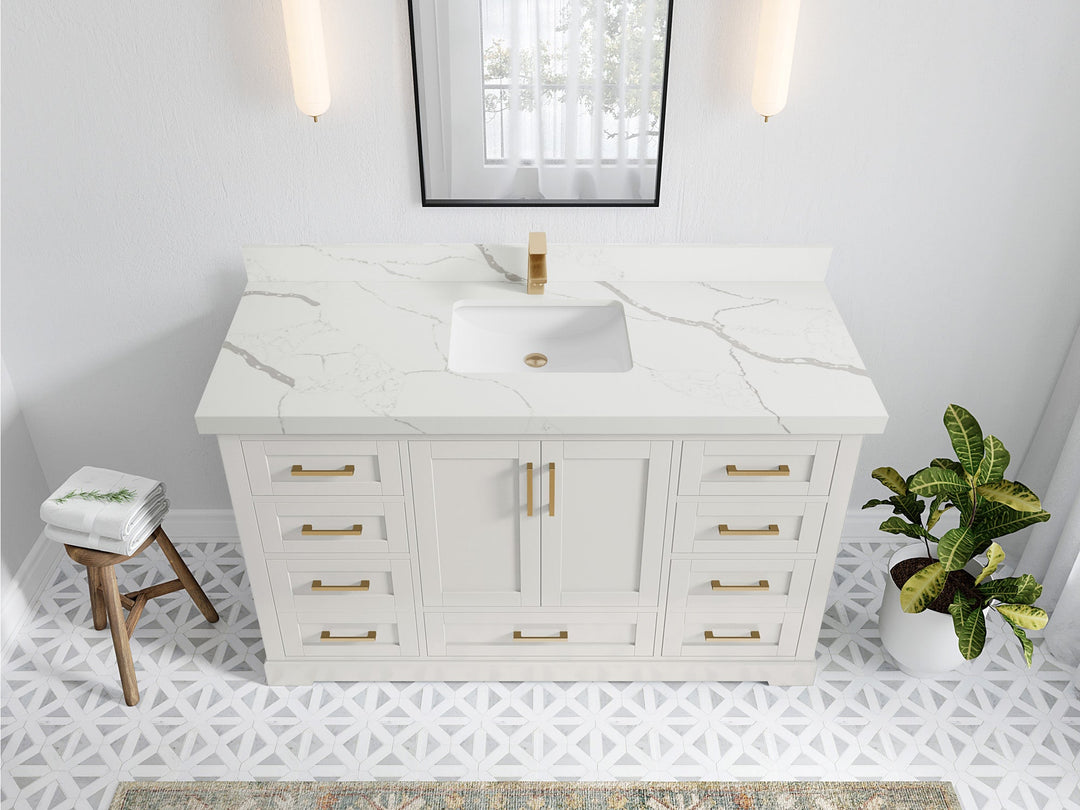 Boston 60 in. W x 22 in. D Single Sink Bathroom Vanity in Alabaster with 2 in Calacatta Laza Quartz Countertop - Top View