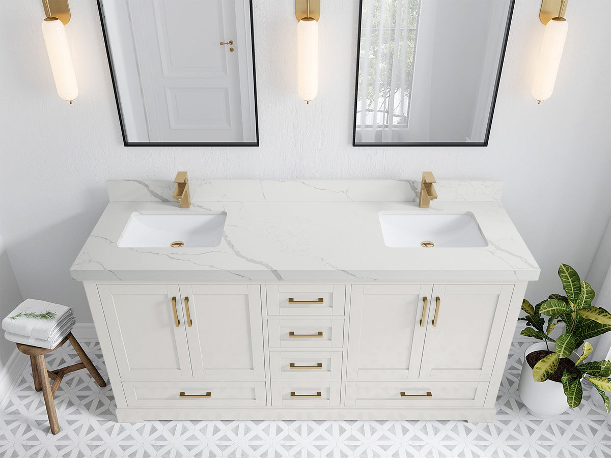 Boston 72 in. W x 22 in. D Double Sink Bathroom Vanity in Alabaster with 2 in Calacatta Laza Quartz Countertop - Top View