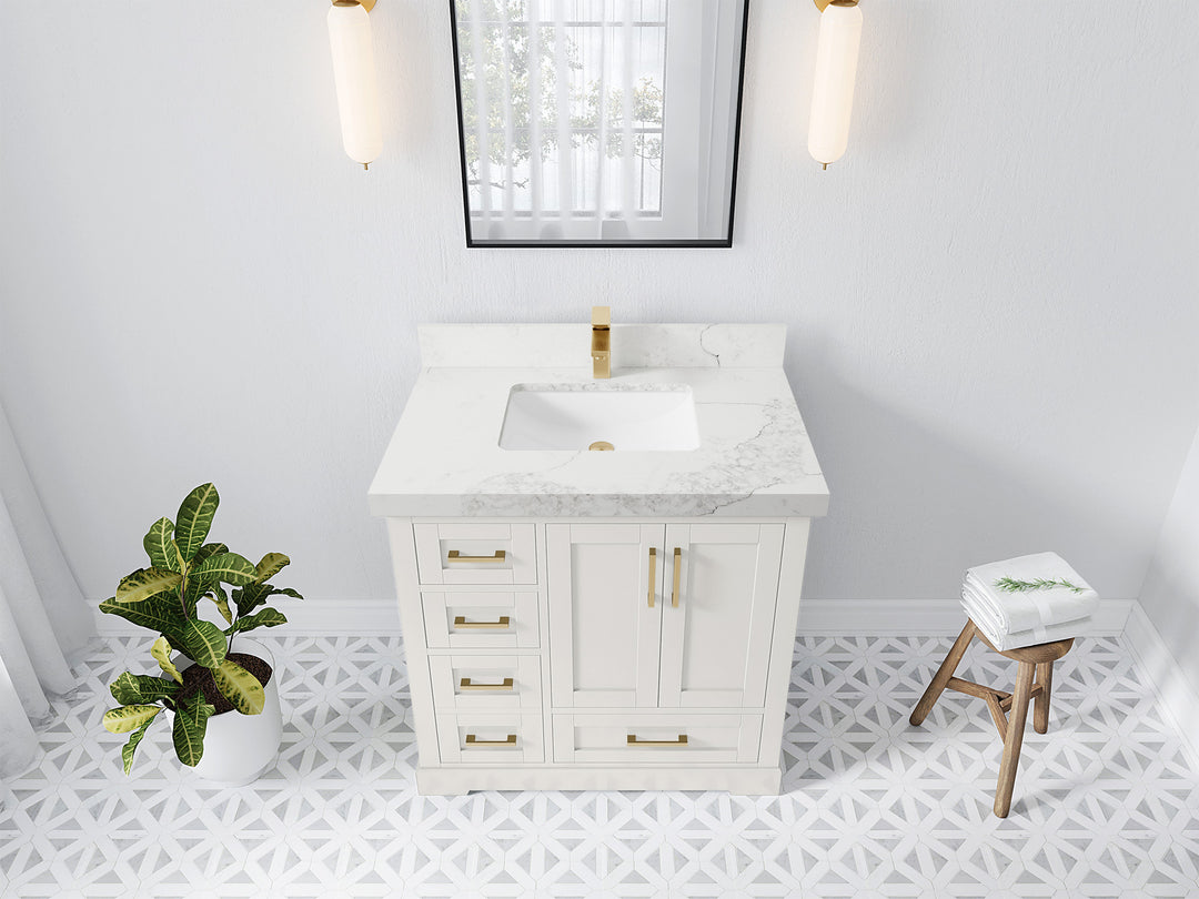 Boston 36 in. W x 22 in. D Single Sink Bathroom Vanity in Alabaster with 2 in Calacatta Nuvo Quartz Countertop - Top View