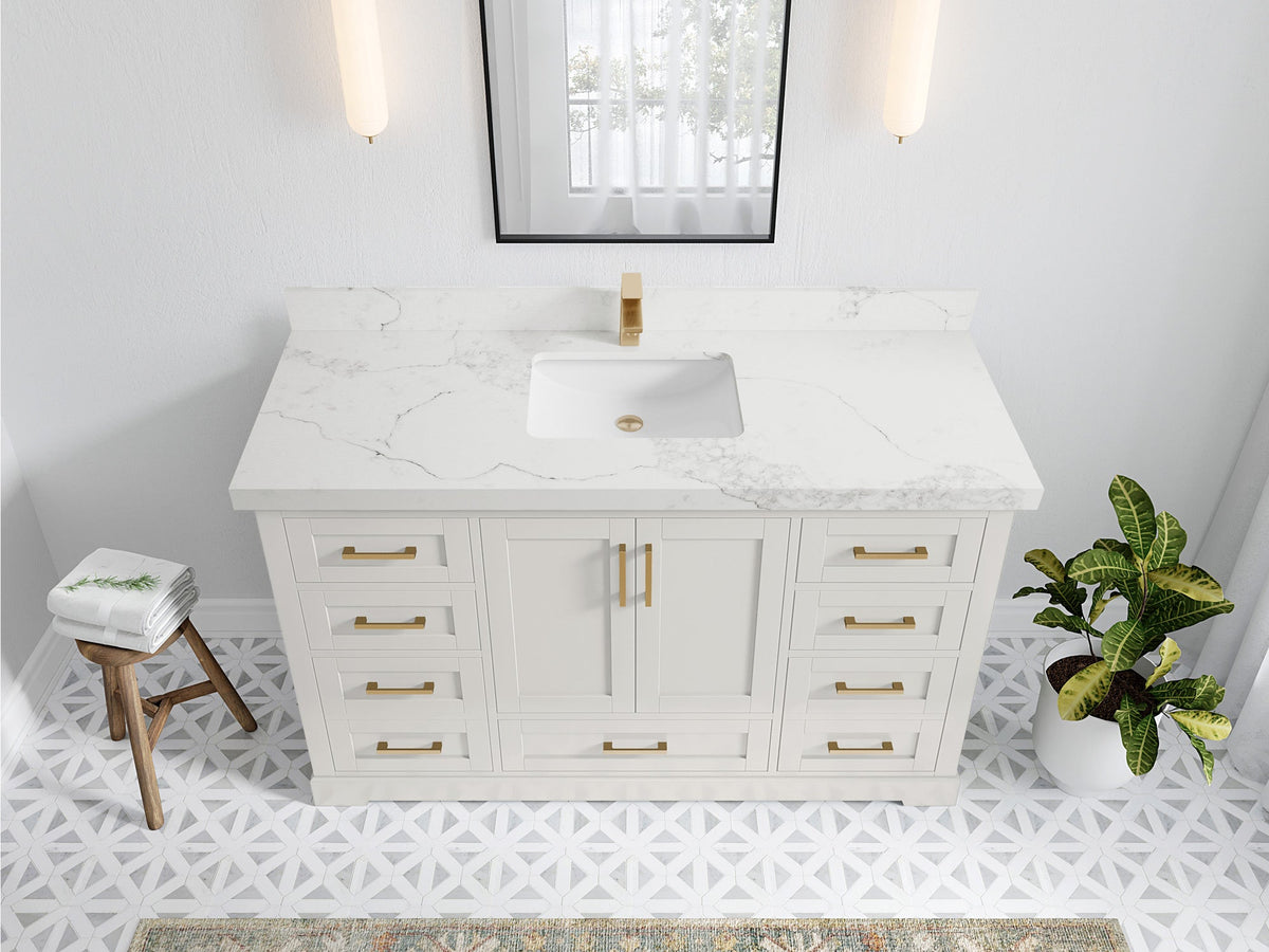 Boston 60 in. W x 22 in. D Single Sink Bathroom Vanity in Alabaster with 2 in Calacatta Nuvo Quartz Countertop - Top View