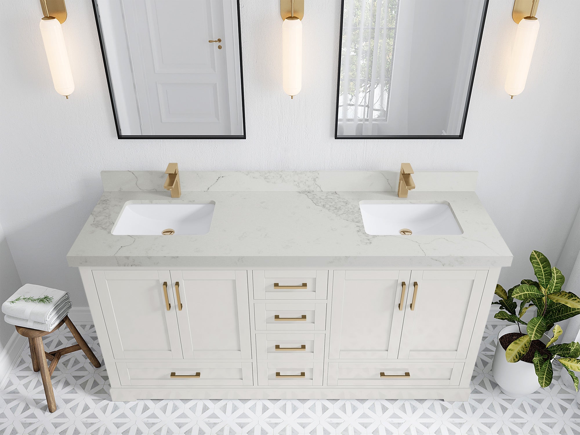 Boston 72 in. W x 22 in. D Double Sink Bathroom Vanity in Alabaster with 2 in Calacatta Nuvo Quartz Countertop - Top View