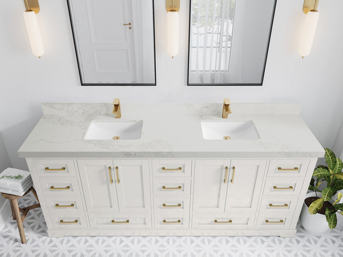 Boston 84 in. W x 22 in. D Double Sink Bathroom Vanity in Alabaster with 2 in Calacatta Nuvo Quartz Countertop - Top View