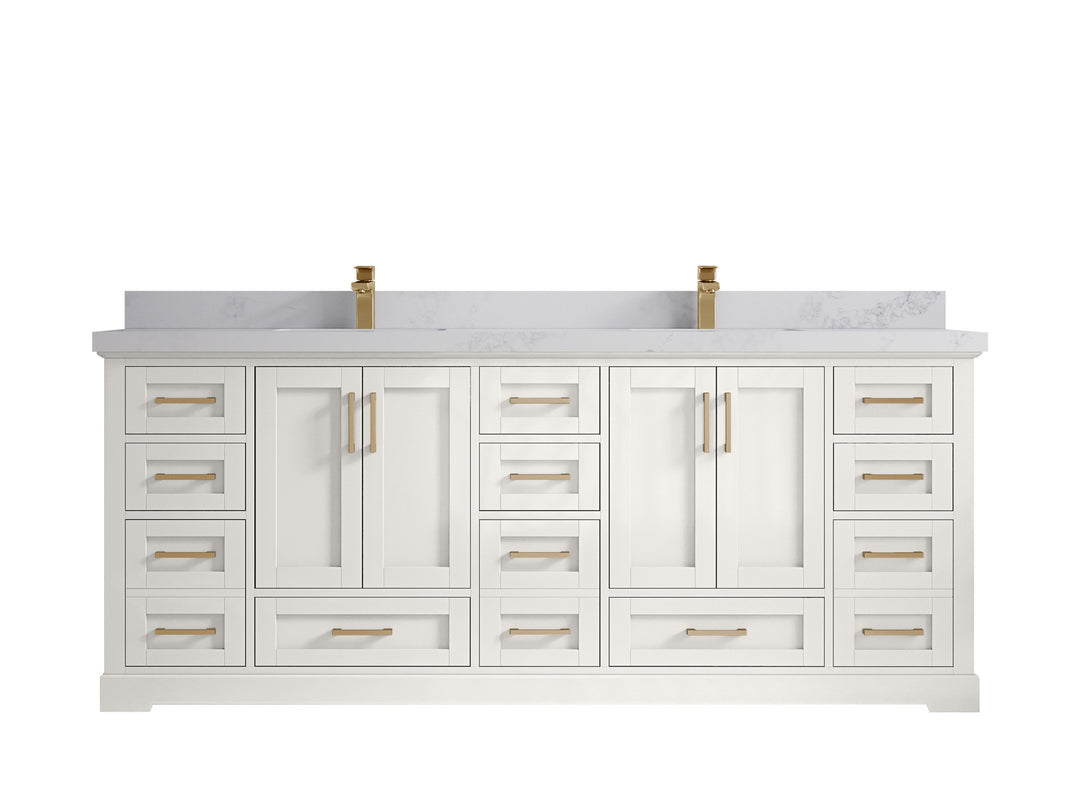 Boston 84 in. W x 22 in. D Double Sink Bathroom Vanity in Alabaster with 2 in Calacatta Nuvo Countertop
