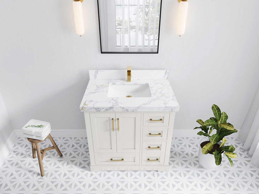 Boston 36 in. W x 22 in. D Single Sink Bathroom Vanity in Alabaster with 2 in Calacatta Poanazzo Quartz Countertop - Top View