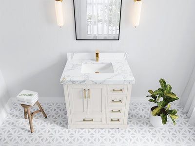 Boston 36 in. W x 22 in. D Single Sink Bathroom Vanity in Alabaster with 2 in Calacatta Poanazzo Quartz Countertop - Top View