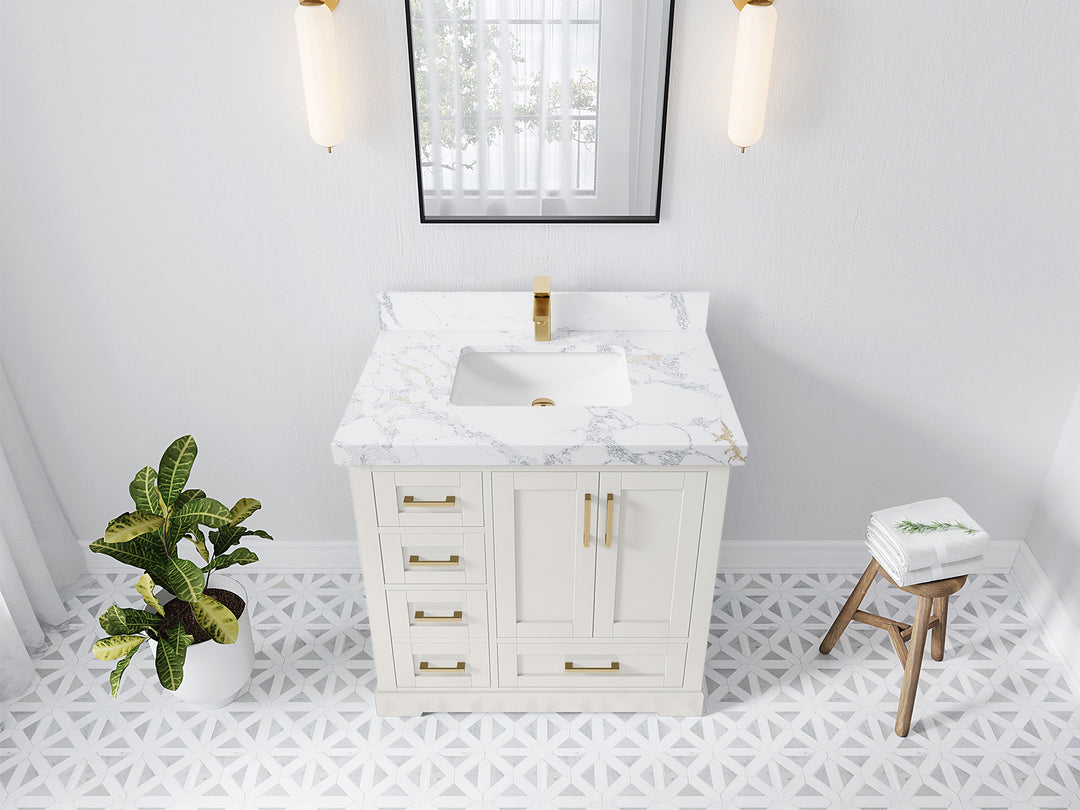 Boston 36 in. W x 22 in. D Single Sink Bathroom Vanity in Alabaster with 2 in Calacatta Poanazzo Quartz Countertop - Top View