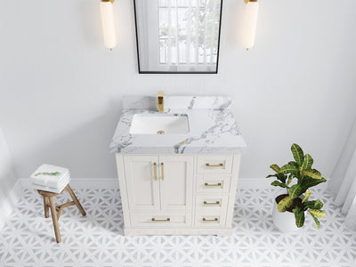 Boston 36 in. W x 22 in. D Single Sink Bathroom Vanity in Alabaster with 2 in Calacatta Poanazzo Quartz Countertop - Top View