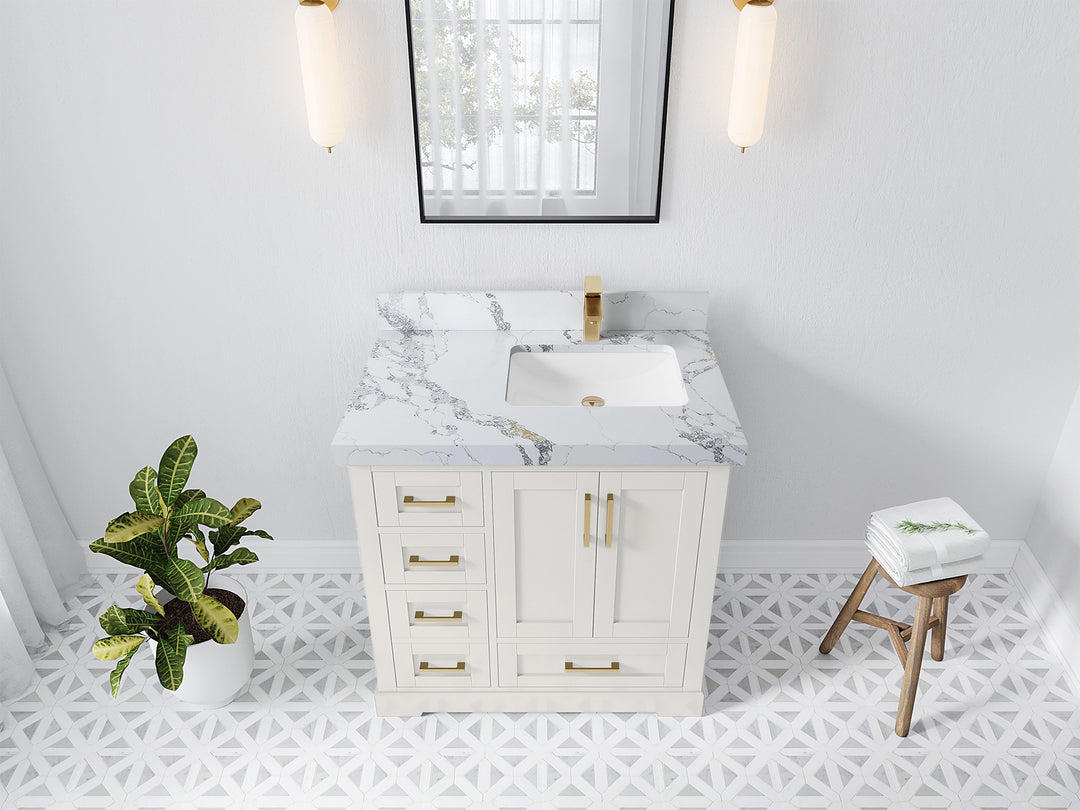 Boston 36 in. W x 22 in. D Single Sink Bathroom Vanity in Alabaster with 2 in Calacatta Poanazzo Quartz Countertop - Top View