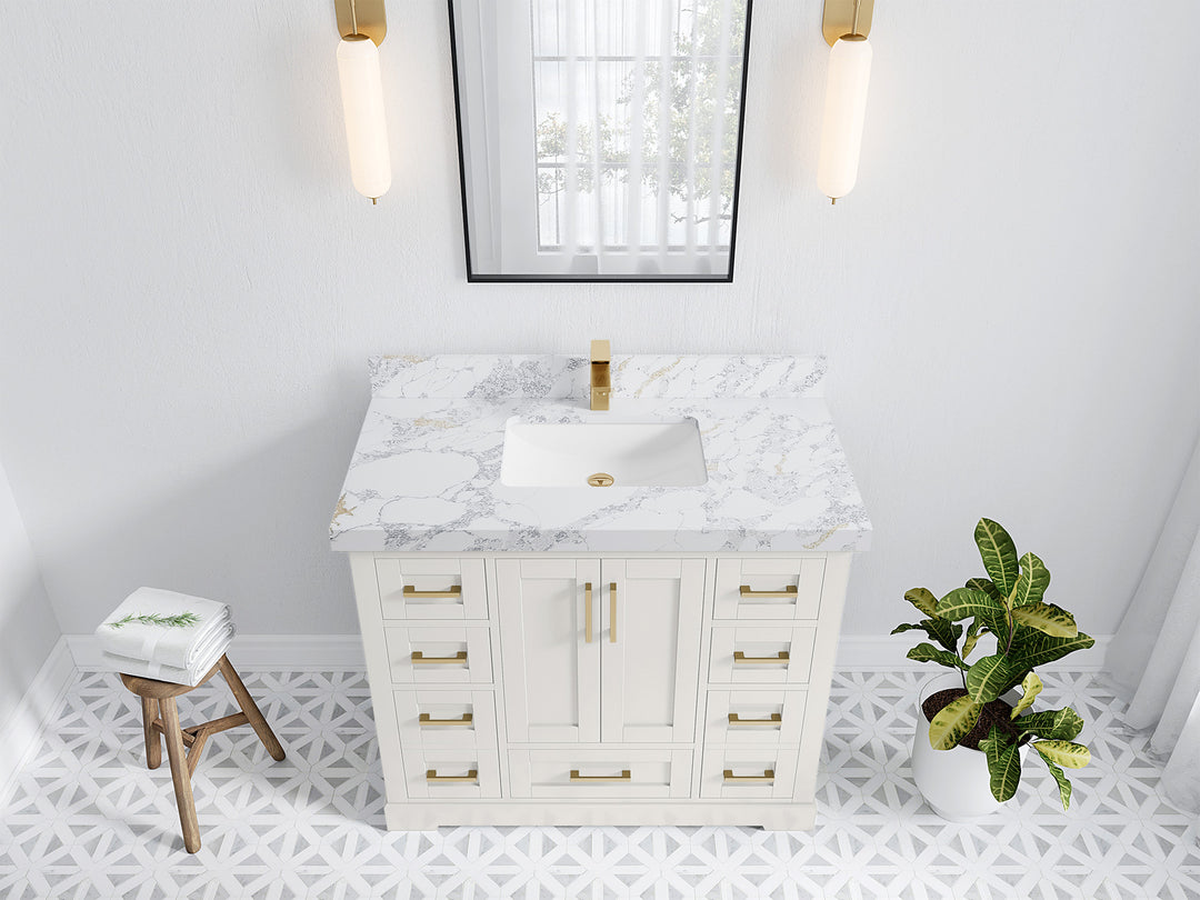 Boston 42 in. W x 22 in. D Single Sink Bathroom Vanity in Alabaster with 2 in Calacatta Poanazzo Quartz Countertop - Top View
