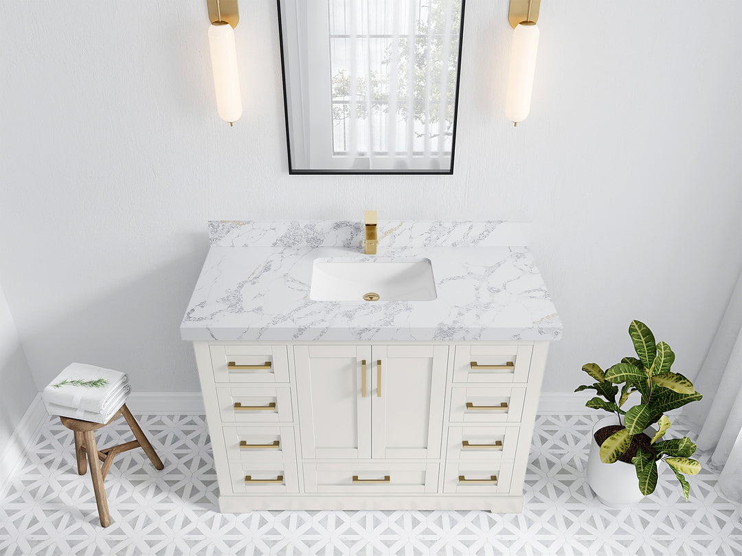 Boston 48 in. W x 22 in. D Single Sink Bathroom Vanity in Alabaster with 2 in Calacatta Poanazzo Quartz Countertop - Top View