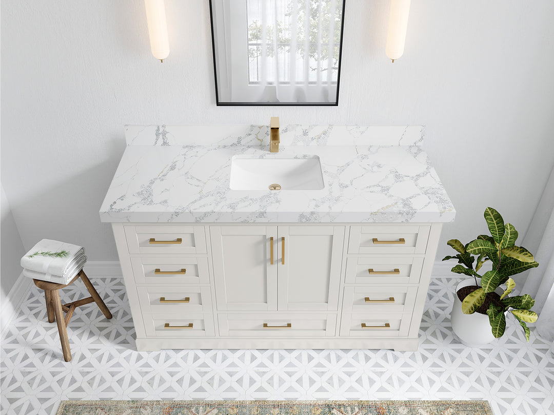 Boston 60 in. W x 22 in. D Single Sink Bathroom Vanity in Alabaster with 2 in Calacatta Poanazzo Quartz Countertop - Top View