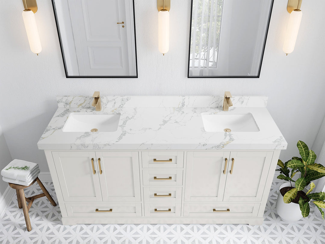 Boston 72 in. W x 22 in. D Double Sink Bathroom Vanity in Alabaster with 2 in Calacatta Poanazzo Quartz Countertop - Top View