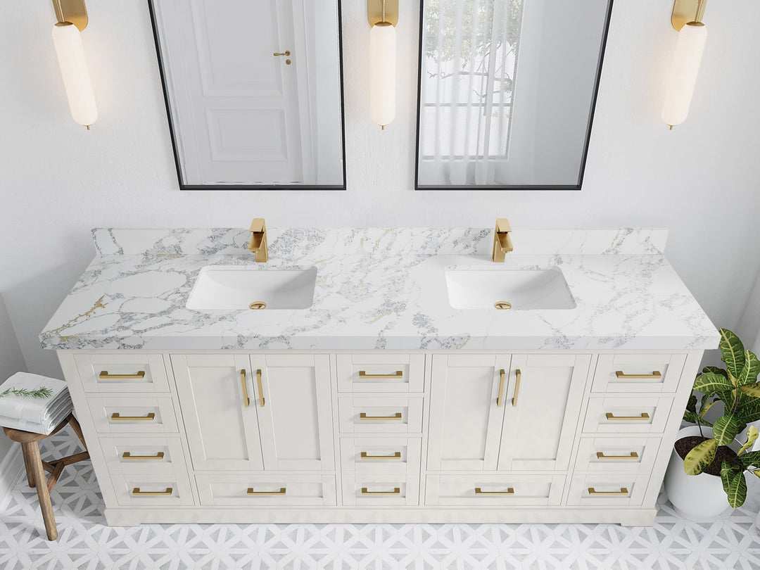 Boston 84 in. W x 22 in. D Double Sink Bathroom Vanity in Alabaster with 2 in Calacatta Poanazzo Quartz Countertop - Top View