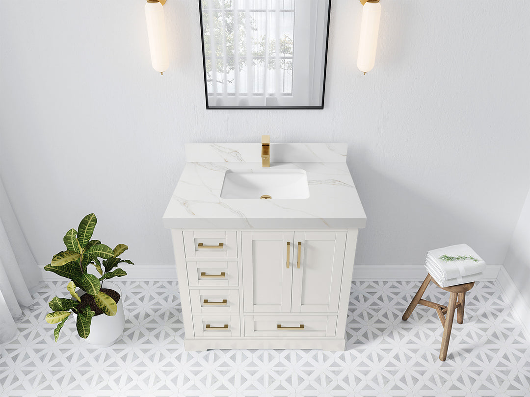 Boston 36 in. W x 22 in. D Single Sink Bathroom Vanity in Alabaster with 2 in Calacatta Sienna Quartz Countertop - Top View