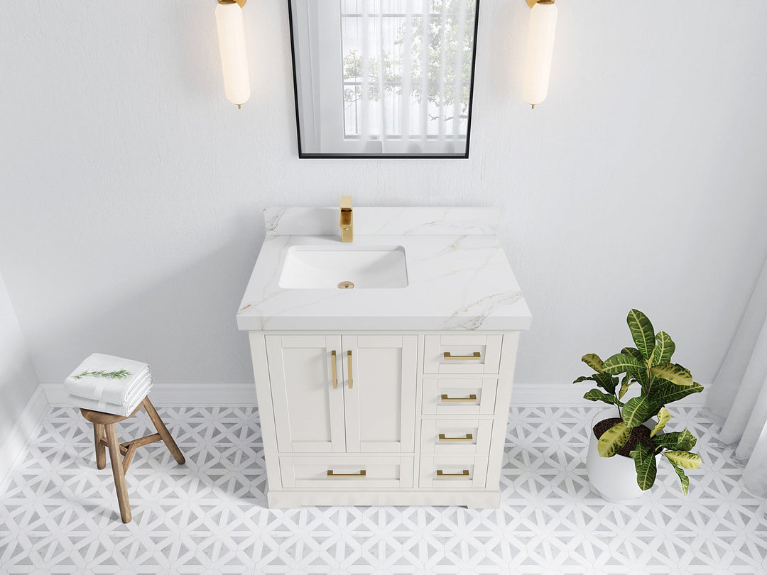 Boston 36 in. W x 22 in. D Single Sink Bathroom Vanity in Alabaster with 2 in Calacatta Sienna Quartz Countertop - Top View