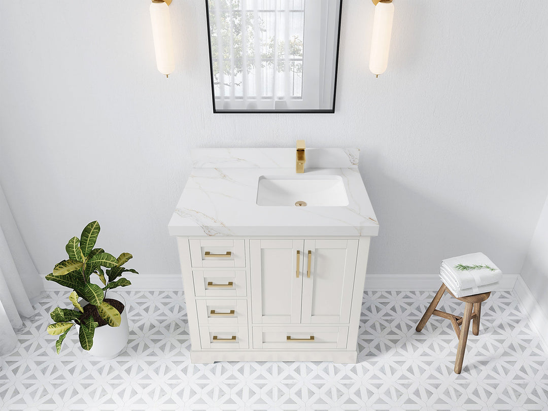 Boston 36 in. W x 22 in. D Single Sink Bathroom Vanity in Alabaster with 2 in Calacatta Sienna Quartz Countertop - Top View