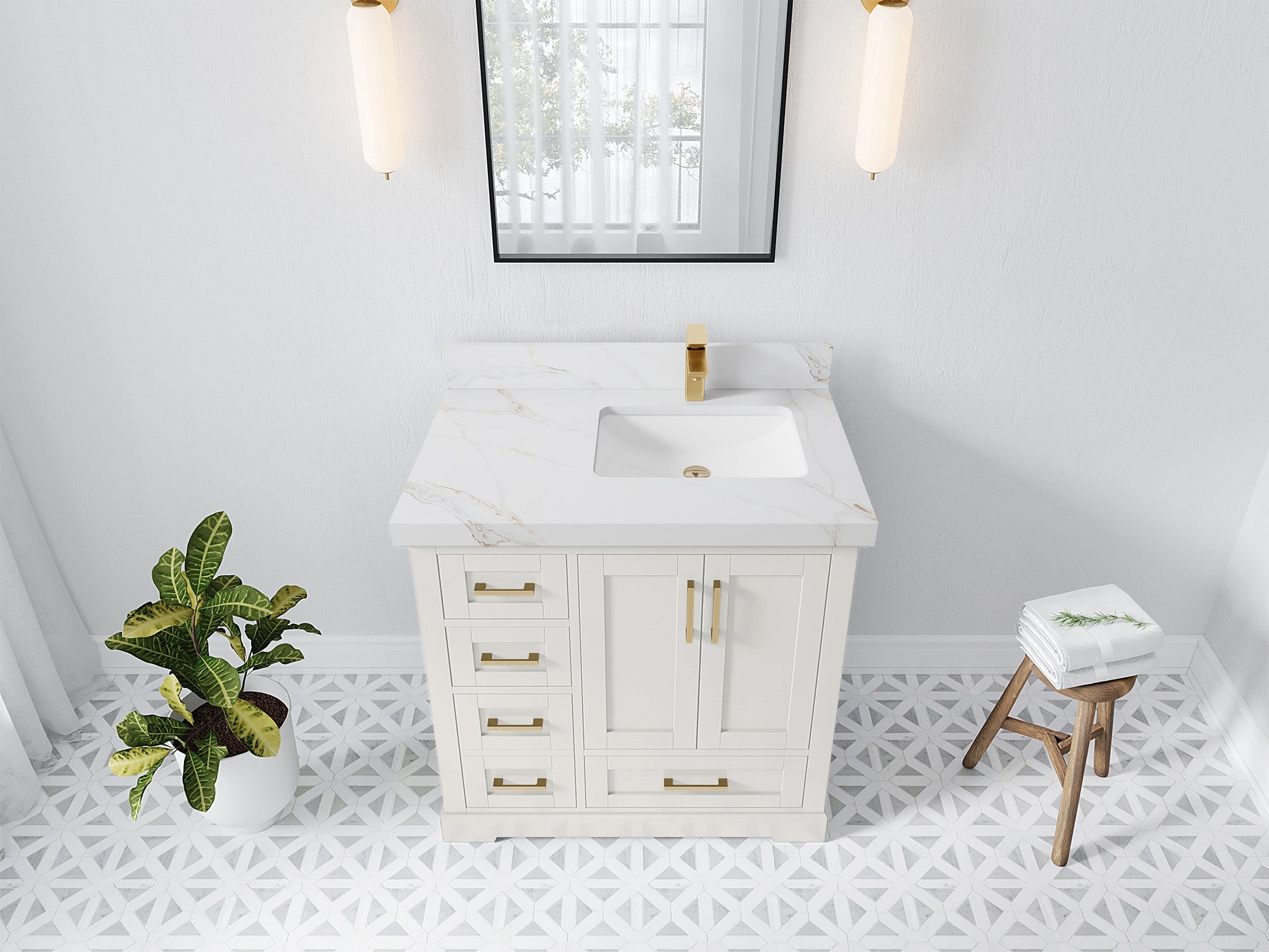 Boston 36 in. W x 22 in. D Single Sink Bathroom Vanity in Alabaster with 2 in Calacatta Sienna Quartz Countertop - Top View